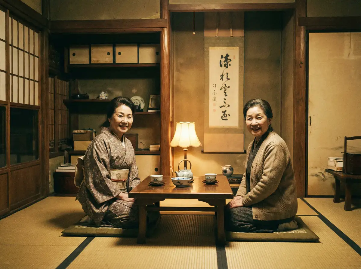 两位优雅的 深夜网站 在日式茶室中品茶交谈